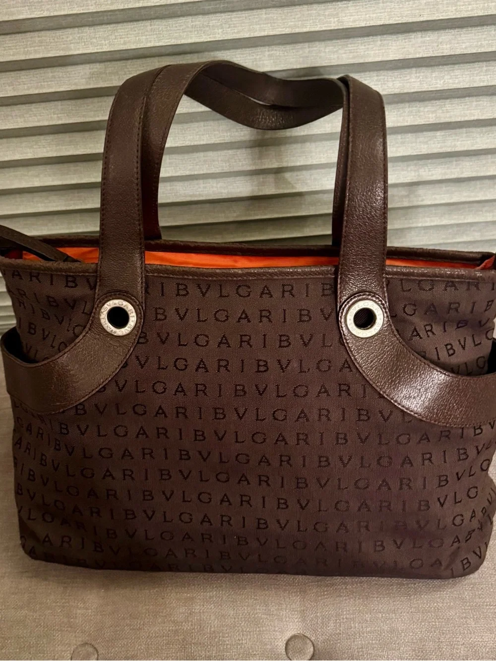 BVLGARI Brown Logo Monogram Tote with Leather Trim